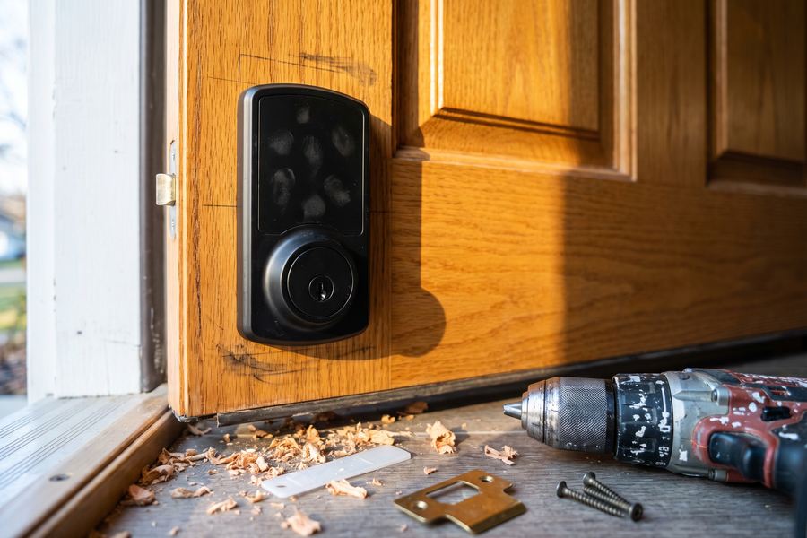 A matte black keypad deadbolt newly mounted on a honey-oak front door with a drill and brass strike plate below